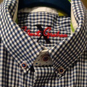 Robert Graham going out shirt black and blue gingham with flip cuff SIZE MEDIUM